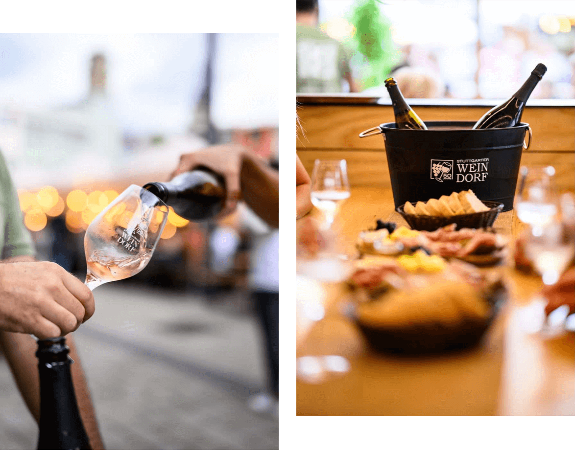 Nahaufnahme von Weinflaschen, Behälter und Weingläsern mit Stuttgarter Weindorf Logo.